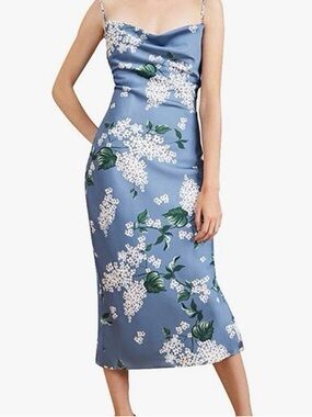 Blue Floral Slip Midi Dress - Elegant Women’s Evening Dress